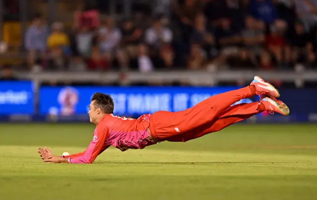 Chris Green of Welsh Fire dives for the ball