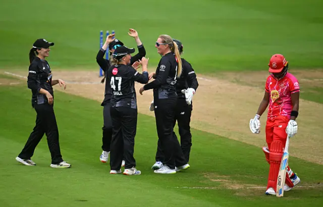 Sophie Ecclestone celebrates Georgia Elwiss' wicket