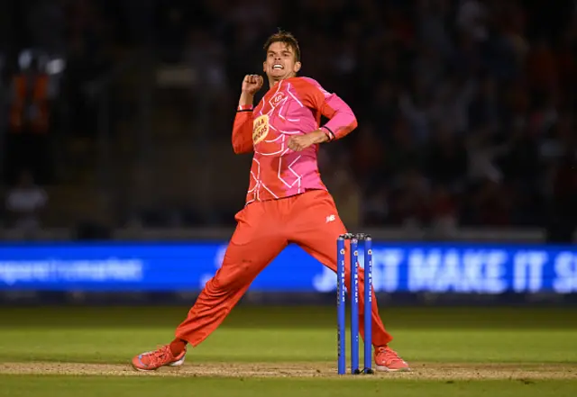 Chris Green of Welsh Fire celebrates after taking the wicket of Lewis Gregory