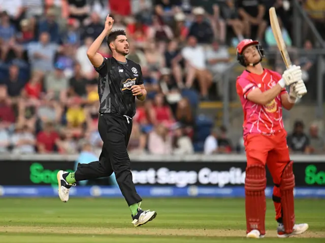 Josh Tongue of Manchester Originals celebrates after taking the wicket of Tom Abell