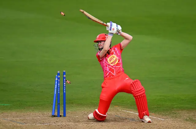 Sarah Bryce of Welsh Fire is bowled by Lauren Filer of Manchester Originals (not pictured)