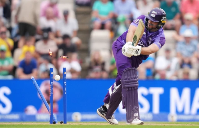 Northern Superchargers' Dawid Malan is bowled out by Southern Brave's Craig Overton