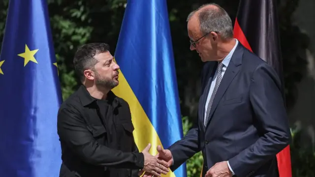 Merz and Zelensky shake hands as Zelensky talks. They stand in the sunshine, in front of a German, EU and Ukraine flags