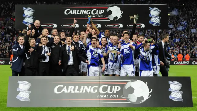 Birmingham City players celebrating winning the EFL Cup in 2011