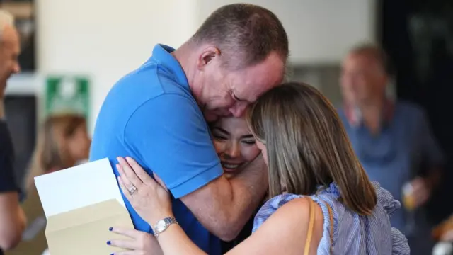 Parents embrace their daughter who is in between them. The girl smiles, and holds her paper. The mum faces the dad and child with her hand on the child. The dad looks emotional.
