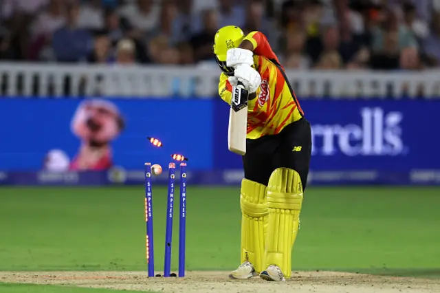 Rehan Ahmed of Trent Rockets is bowled by Dan Worrall