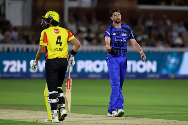 Richard Gleeson of London Spirit celebrates after taking the wicket of Max Holden