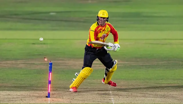 Tom Banton of Trent Rockets is bowled by Jamie Overton