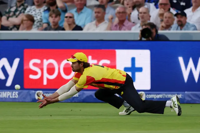 Max Holden of Trent Rockets takes the catch to dismiss Jamie Overton