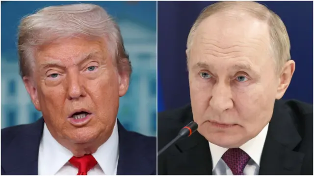 A composite image of Donald Trump and Vladimir Putin, both pictured separately from the shoulders up. Trump is on the left. He has short white hair and is wearing a dark  blue jacket, white shirt and red tie. He is mid-sentence with a neutral expression, in front of a blurred blue and white background. Putin is on the right. He has balding blonde hair and wears a black jacket, white shirt and purple tie. He is staring solemnly and leaning into a small black microphone, in front of a dark blue background.