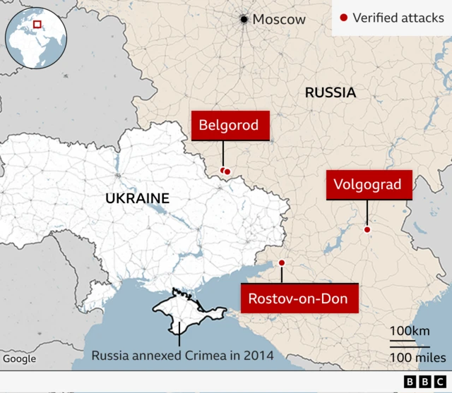A map showing four verified explosions inside Russia on Thursday