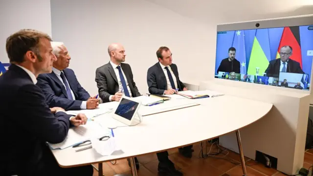 French President Emmanuel Macron, Antonio Costa, President of the European Council, French Minister for Europe and Foreign Affairs Jean-Noel Barrot, and France's Minister of Armed Forces Sebastien Lecornu attend a video conference with Ukraine's President Volodymyr Zelensky and German Chancellor Friedrich Merz