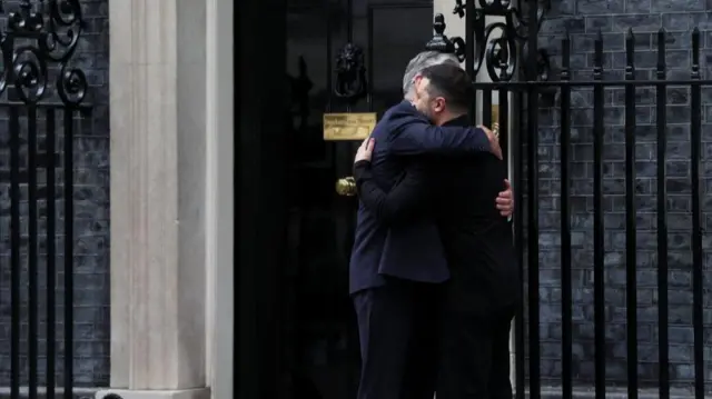 British Prime Minister Keir Starmer welcomes Ukrainian President Volodymyr Zelenskiy to 10 Downing Street, in London, Britain, August 14, 2025.