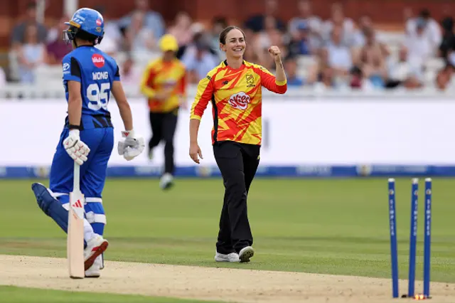 Heather Graham of Trent Rockets celebrates after taking the wicket of Issy Wong