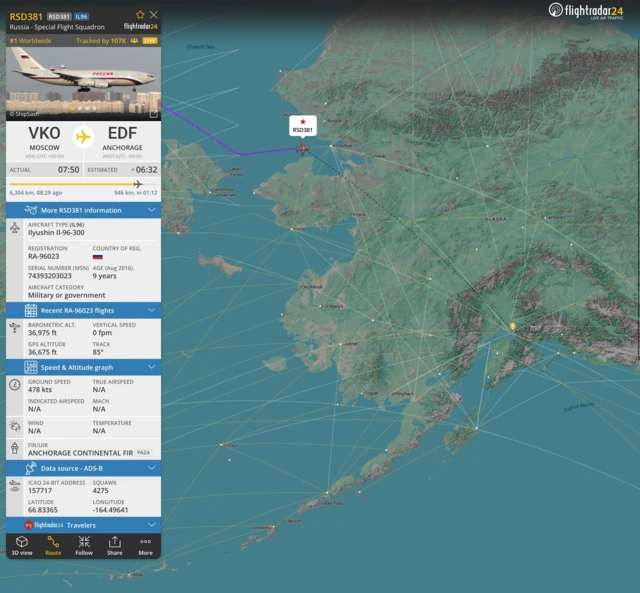 map showing Russian delegation plane on US airspace