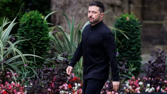 Zelensky walks through the garden at 10 Downing Street