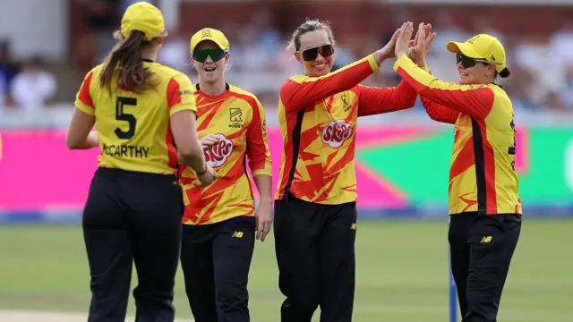 Trent Rockets celebrate taking the wicket of Georgia Redmayne.