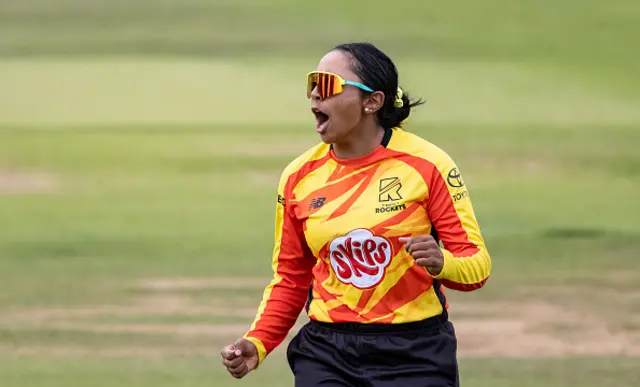Alana King of Trent Rockets celebrates after taking the wicket of Danielle Gibson