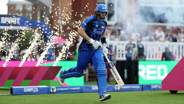 Jamie Smith comes out amongst fireworks to bat at Lords for London Spirit v Trent Rockets