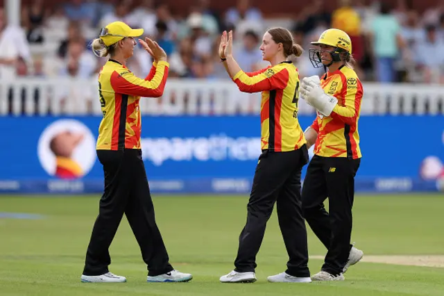 Kirstie Gordon of Trent Rockets celebrates with teammates Ash Gardner and Nat Wraith after taking the wicket of Sarah Glenn