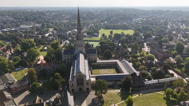 An drone view from the air of Norwich Cathedral