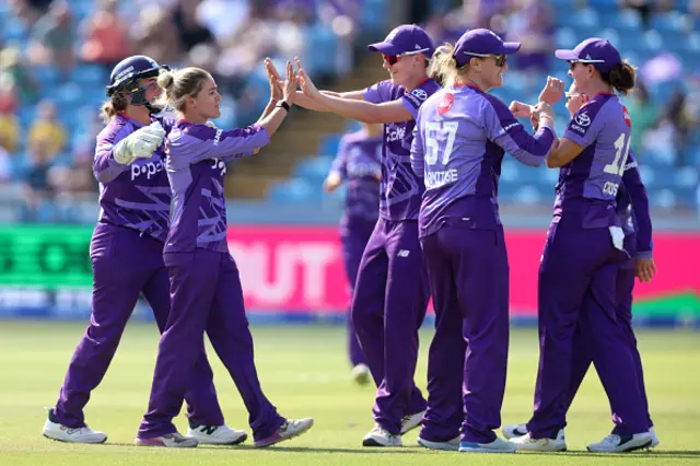Lucy Higham of Northern Superchargers celebrates with team mates after taking the wicket of Ailsa Lister