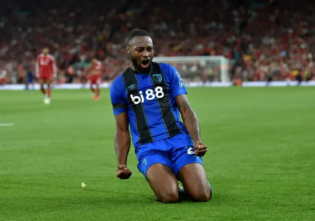 Semenyo slides on his knees to celebrate his second goal