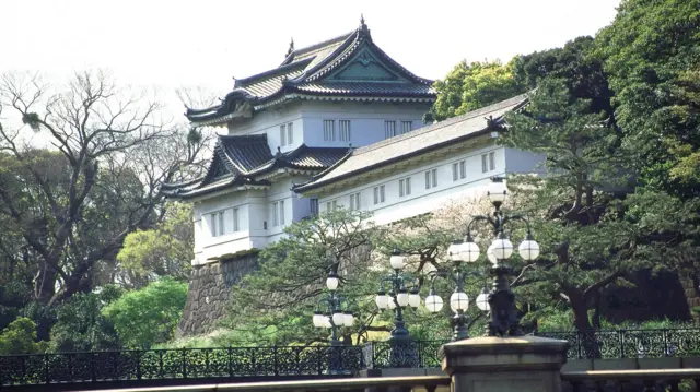 Imperial Palace, view from bridge. It is a white Japanese structure surrounded by multiple trees