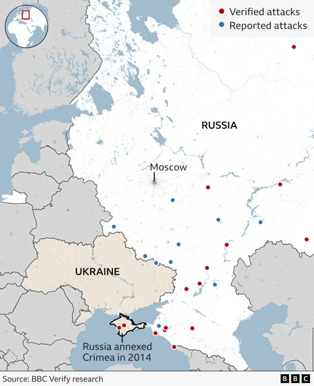 Map showing locations of Ukrainian strikes inside Russia