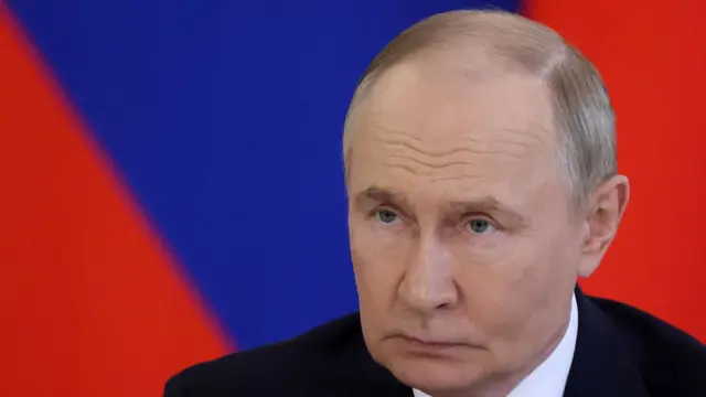 Russian President Vladimir Putin looks on during Russian-Laotian talks at the Kremlin on July 31, 2025 in Moscow, Russia.