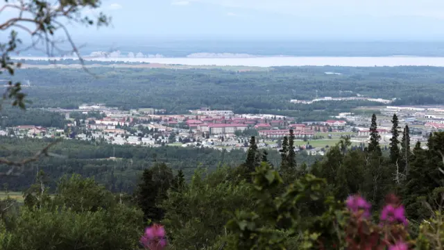 A general view of Fort Richardson, part of Joint Base Elmendorf-Richardson, with trees and flowers in the foreground
