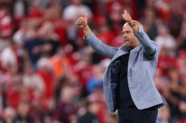 Slot gives two thumbs up to the crowd at full time
