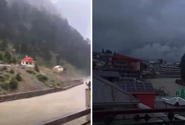 Verified video from two locations on the Ushu River shows the height of the water (left) and the darkening clouds on the (right)