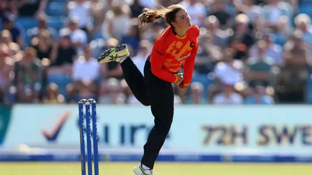 Millie Taylor mid-bowling action vs Northern Superchargers at Headingley
