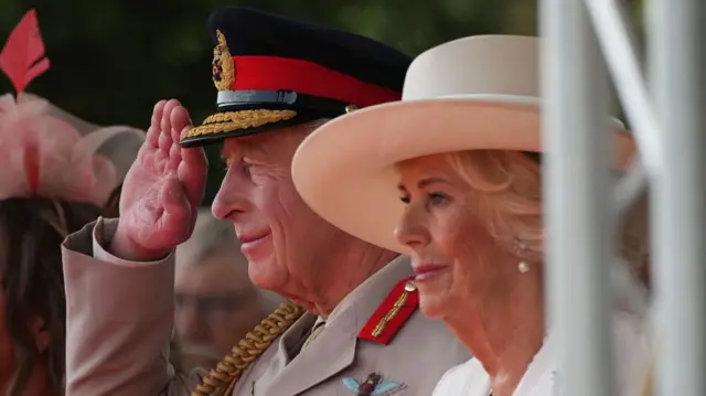 King salutes next to Camilla at memorial