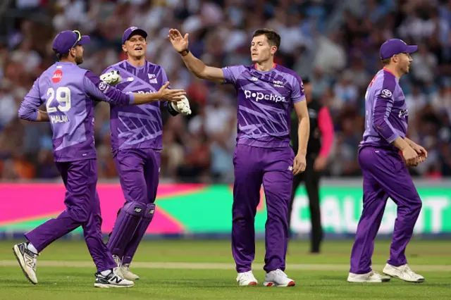 Matthew Potts of Northern Superchargers celebrates with team mates Dawid Malan and Michael Pepper