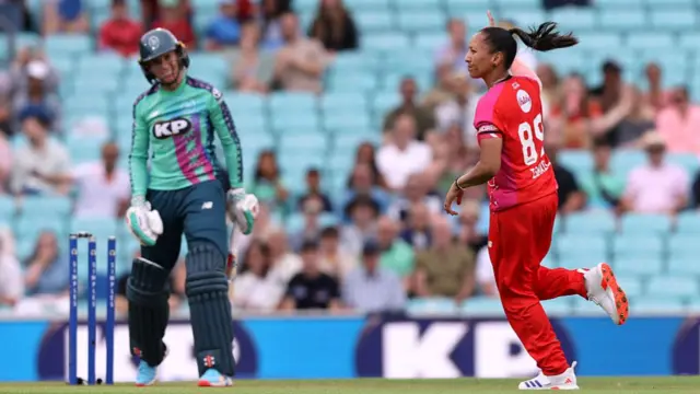 Shabnim Ismail of Welsh Fire celebrates after taking the wicket of Lauren Winfield-Hill of Oval Invincibles