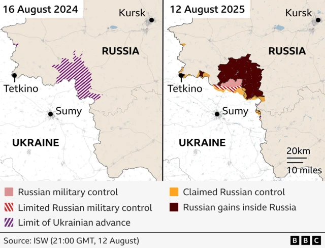 Comparative map of battlefield situation on 16 August 2024 (L) and 12 August 2025 (R). On left, large parts of the Russian Kursk region are shown under Ukrainian control. On right, in maroon, are shown Russia's gains within its territory; in yellow, areas of Russian claimed control; in striped red areas of limited Russian control