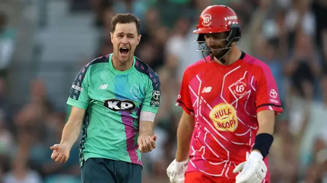 Jason Behrendorff of Oval Invincibles celebrates after taking the wicket of Stephen Eskinazi of Welsh Fire