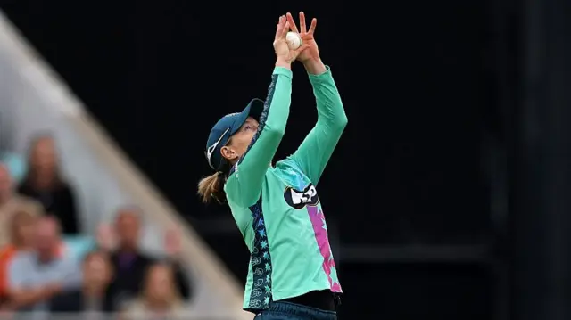 Meg Lanning of Oval Invincibles takes the catch to dismiss Shabnim Ismail