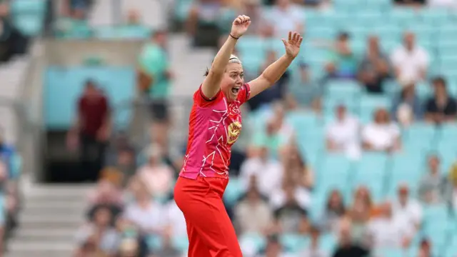 Katie Levick of Welsh Fire appeals successfully for the wicket of Meg Lanning