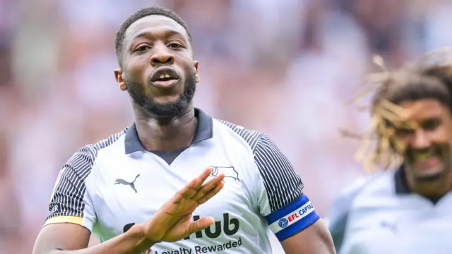 Ebou Adams of Derby County celebrates scoring the third goal