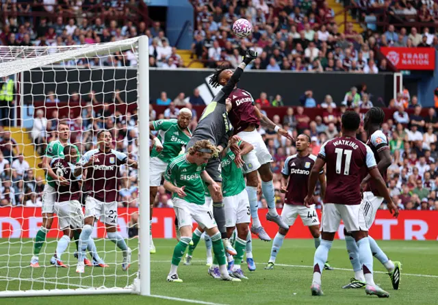 Marco Bizot of Aston Villa makes a save