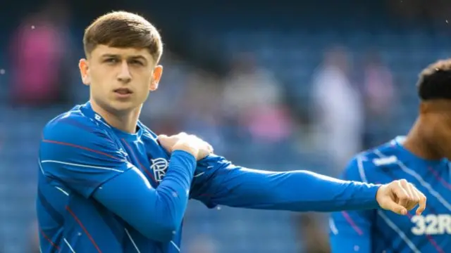 Rangers' Mikey Moore warms up before a Premier Sports Cup Second Round match between Rangers and Alloa Athletic at Ibrox Stadium on August 16, 2025, in Glasgow,