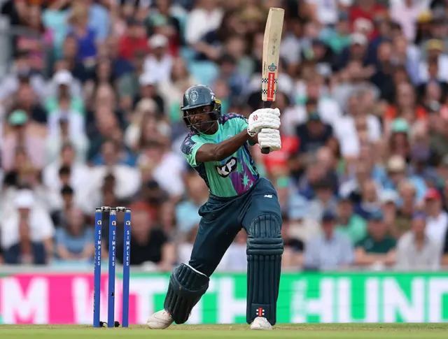 Tawanda Muyeye of Oval Invincibles plays a cover drive