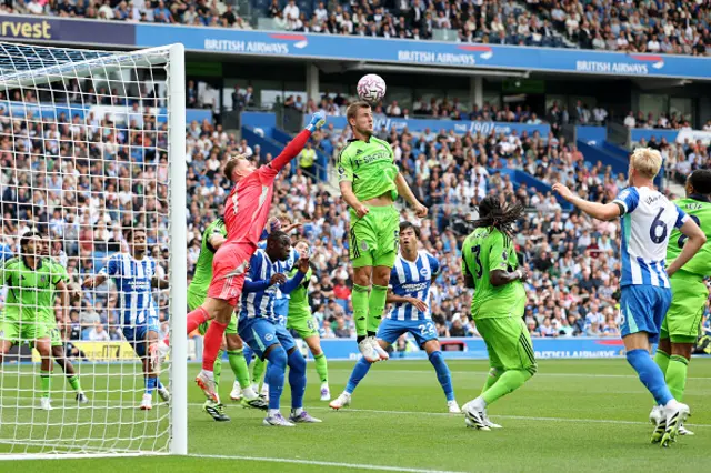 Joachim Andersen of Fulham jumps to head the ball