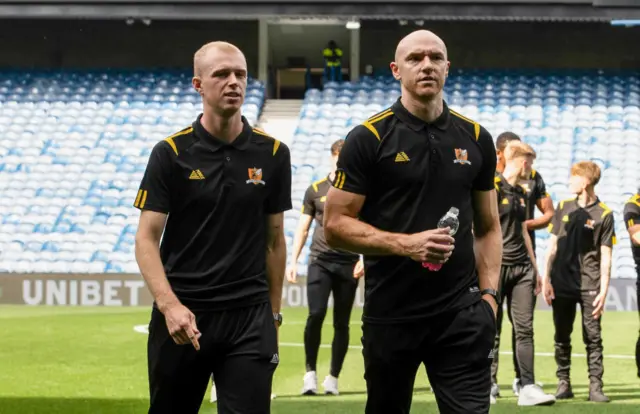 Alloa's Cameron O’Donnell  (L) and Conor Sammon (R) before a Premier Sports Cup Second Round match between Rangers and Alloa Athletic at Ibrox Stadium on August 16, 2025,