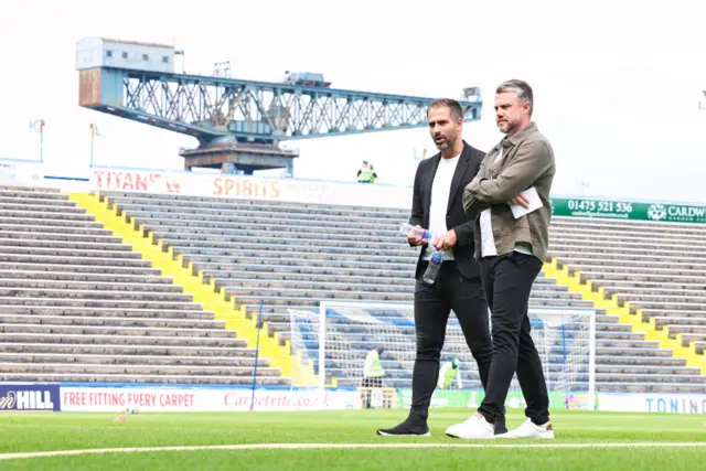 Aberdeen Manager Jimmy Thelin (R) and Head of Recruitment Nuno de Almeida ahead of a Premier Sports Cup Second Round match between Greenock Morton and Aberdeen at Cappielow Park,