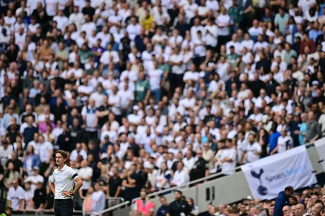 Tottenham Hotspur's Danish head coach Thomas Frank watches from the touchline