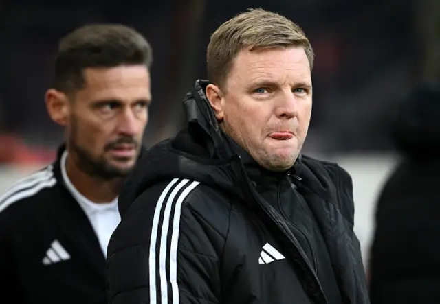 Newcastle United head coach Eddie Howe and assistant Jason Tindall look on